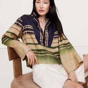 BANANA REPUBLIC LINEN GREEN & NAVY POPOVER TOP